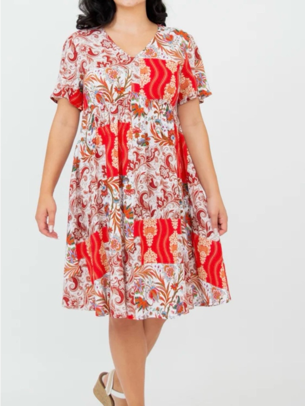 Sky Red and Teal Floral Paisley Midi Dress